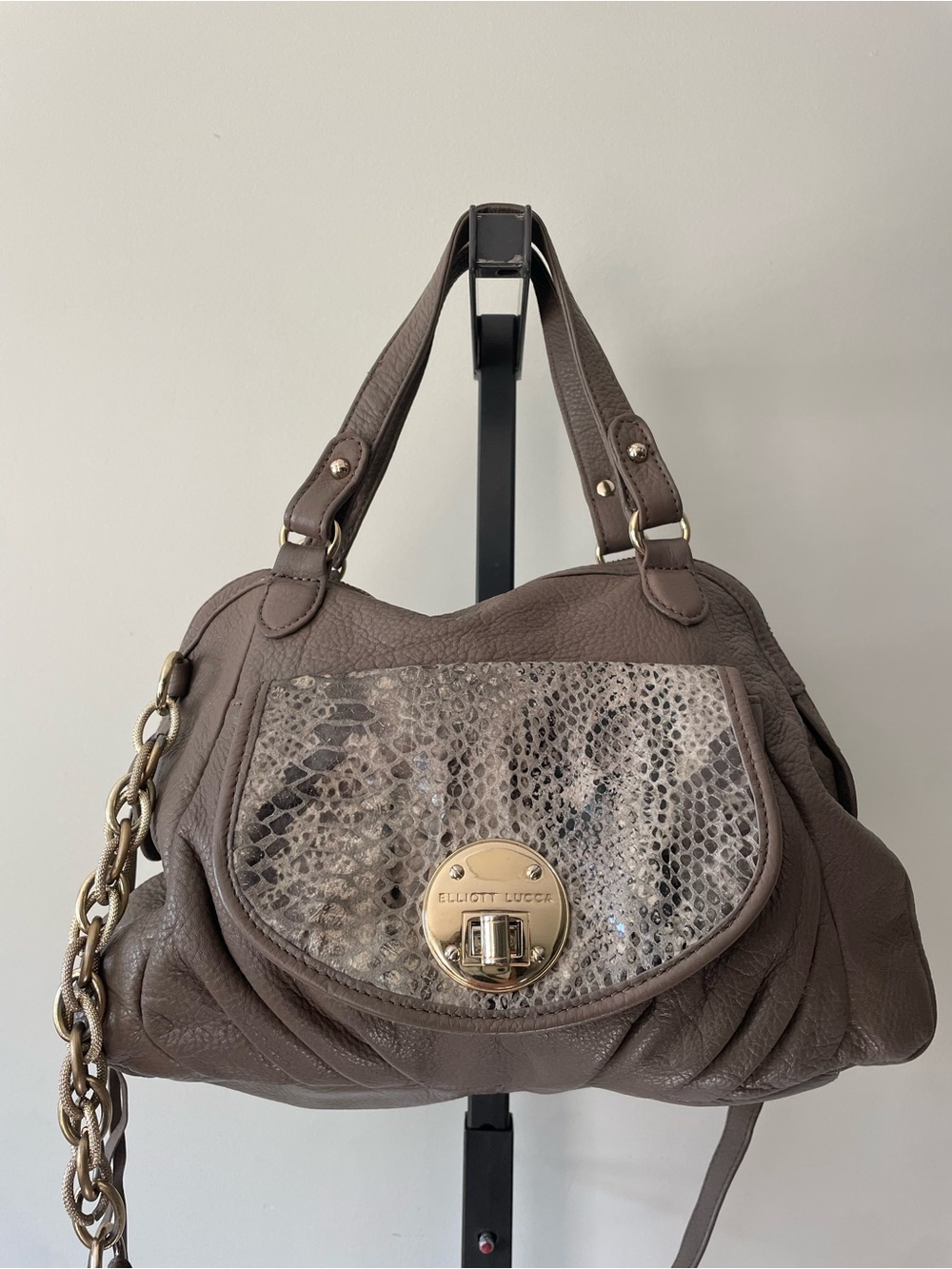Elliott Lucca Pebbled Leather Snake Print Turnlock Satchel Bag Purse Boho Y2K